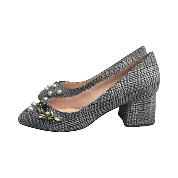 J. Crew Glen Plaid Embellished Block Heel Pumps Pearls Jeweled Square Toe - Picture 2 of 14